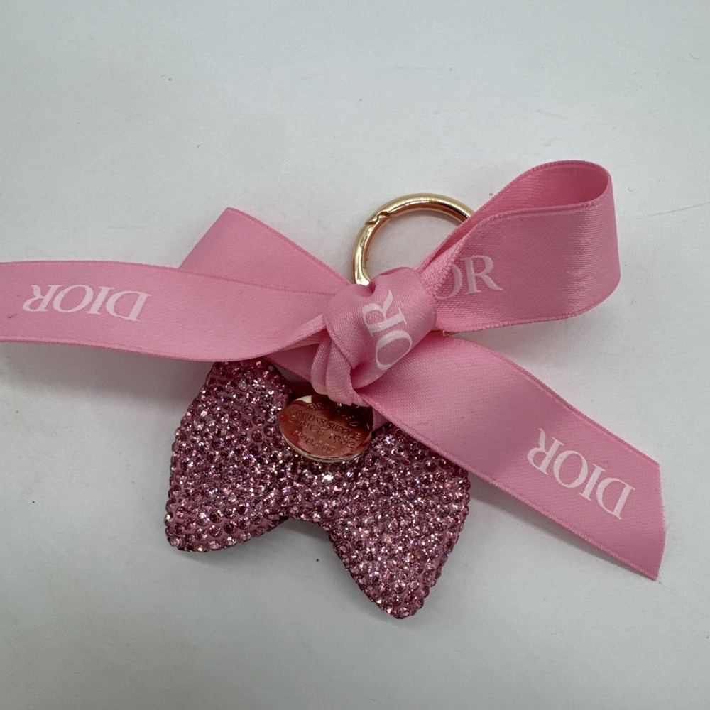 Christian Dior Crystal Bow Charm Keychain Gold Tone Dior Ribbon New
